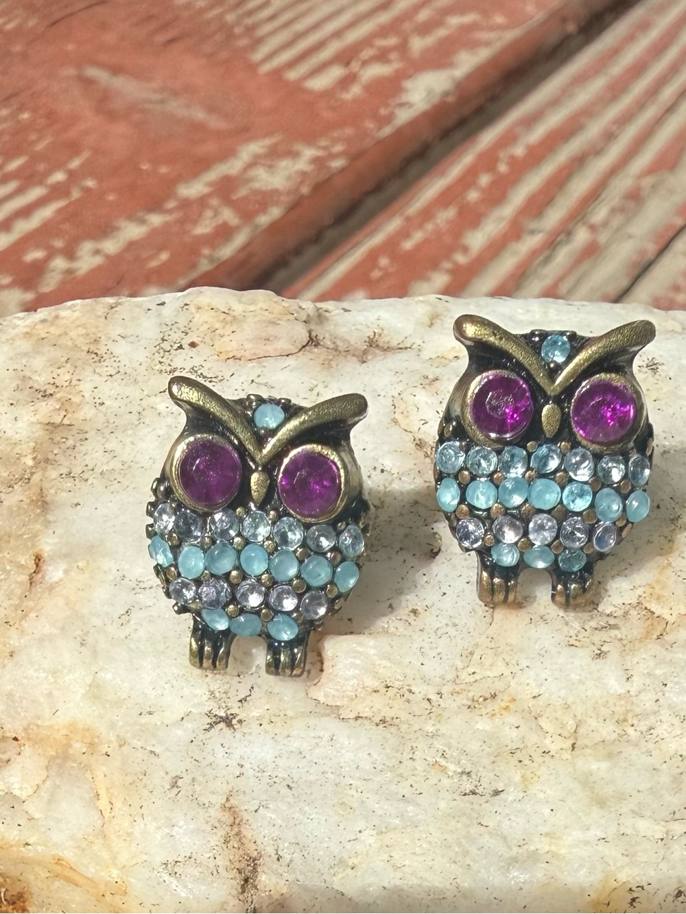 Crystal Owl Pave Stud Earrings - Purple and Turquoise